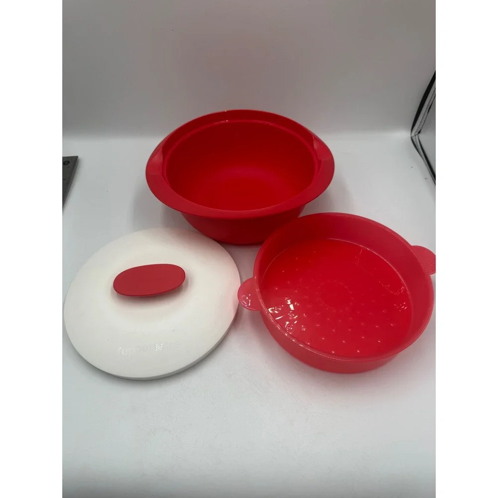 Tupperware Microwave Steamer Set 1.6L 1.5 Qt Red White 3 Piece Bowl‎ Insert Lid